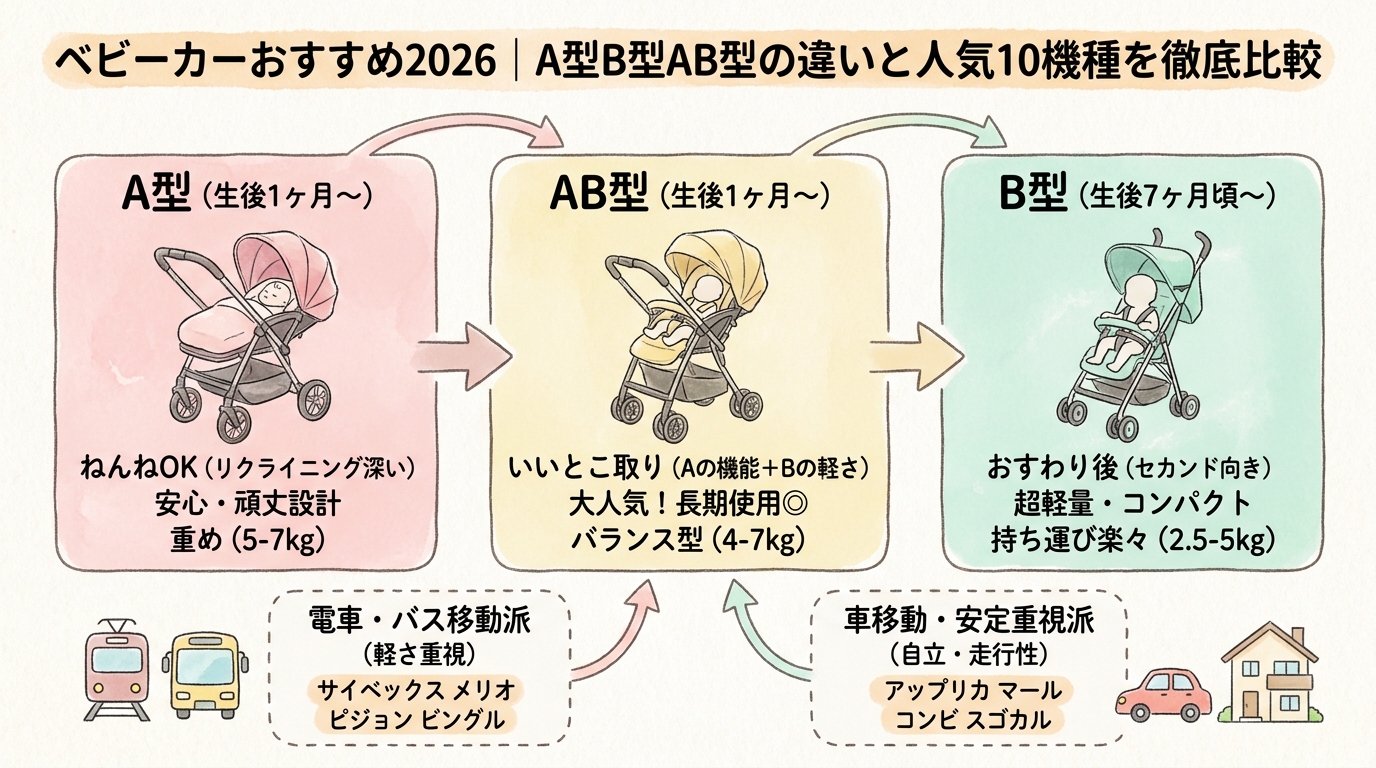 ベビーカーおすすめ2026｜A型B型AB型の違いと人気10機種を徹底比較