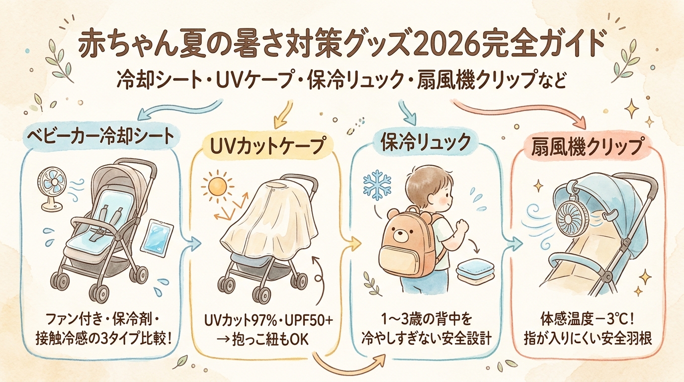 赤ちゃん夏の暑さ対策グッズ2026完全ガイド 冷却シート・UVケープ・保冷リュック・扇風機クリップなど