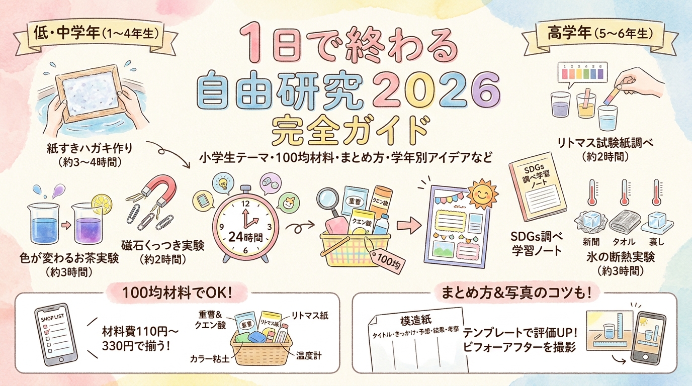 1日で終わる自由研究2026完全ガイド 小学生テーマ・100均材料・まとめ方・学年別アイデアなど