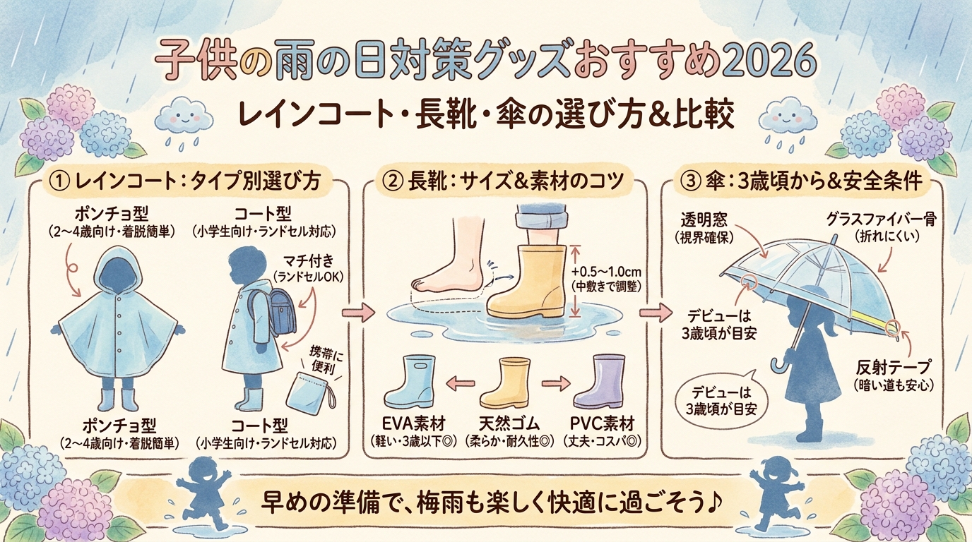 子供の雨の日対策グッズおすすめ2026 レインコート・長靴・傘の選び方など アイキャッチ(PC用)