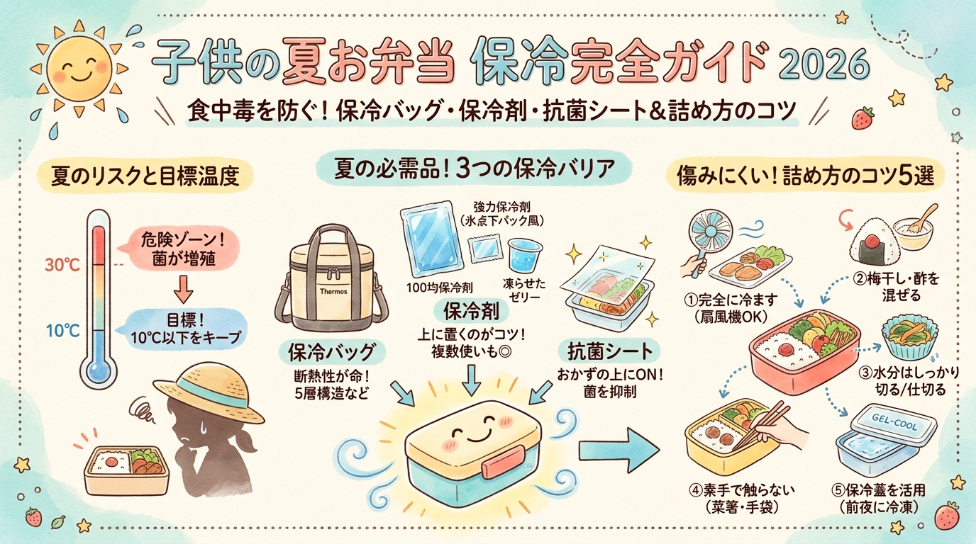 子供の夏お弁当保冷グッズ2026完全ガイド 保冷バッグ・保冷剤・抗菌シート・食中毒対策など