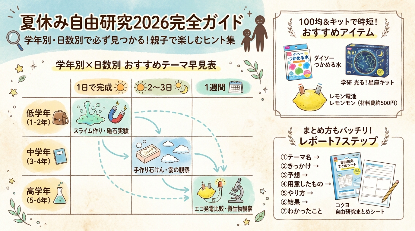 夏休み自由研究2026完全ガイド 学年別テーマ・1日完成・おすすめキット・まとめ方など