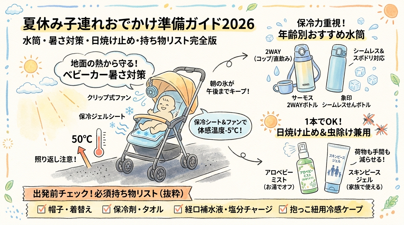 夏休み子連れおでかけ準備ガイド2026 水筒・暑さ対策・日焼け止め・持ち物リストなど