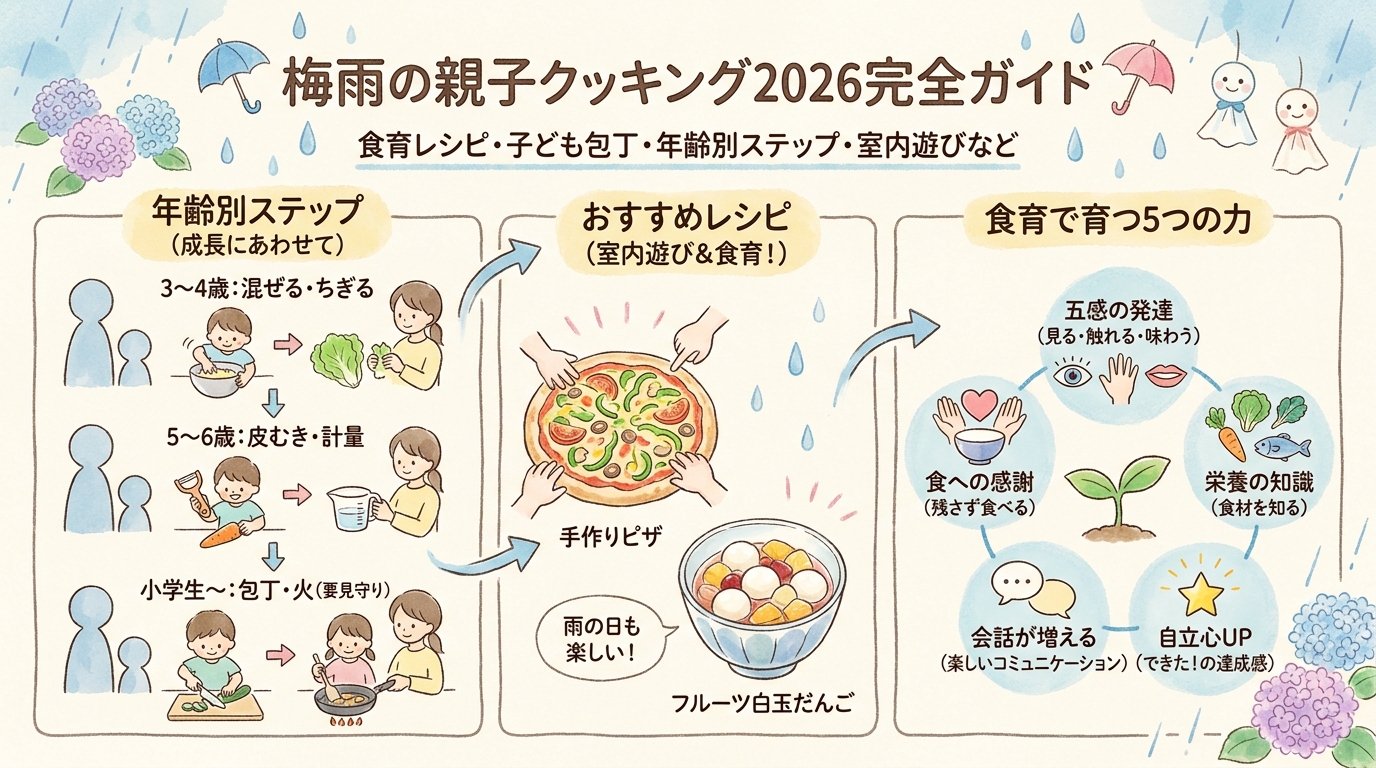梅雨の親子クッキング2026完全ガイド 食育レシピ・子ども包丁・年齢別ステップ・室内遊びなど